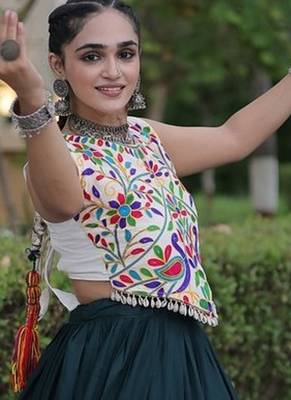 women navratri rayon lehenga choli  with lampi lace & kutchi work blouse-  full stitched free size 3