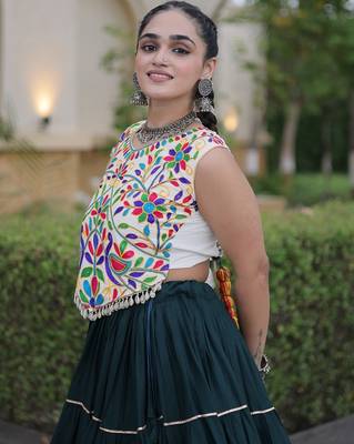 women navratri rayon lehenga choli  with lampi lace & kutchi work blouse-  full stitched free size 4