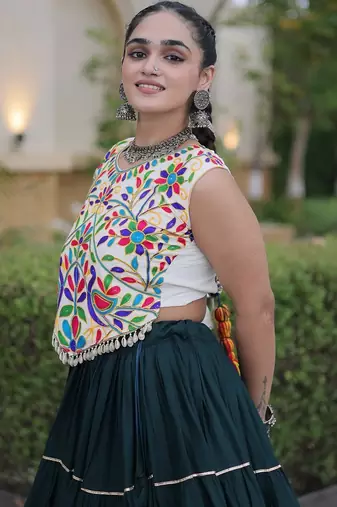 women navratri rayon lehenga choli  with lampi lace & kutchi work blouse-  full stitched free size