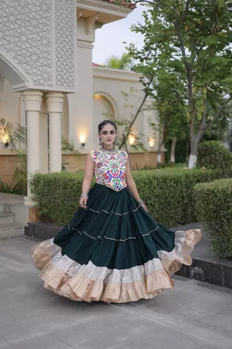 women navratri rayon lehenga choli  with lampi lace & kutchi work blouse-  full stitched free size