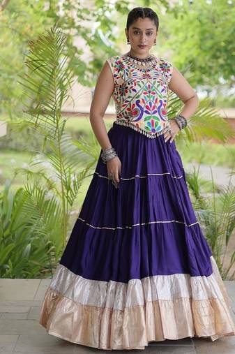 women navratri rayon lehenga choli  with lampi lace & kutchi work blouse-  full stitched free size