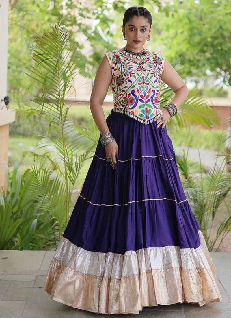 women navratri rayon lehenga choli  with lampi lace & kutchi work blouse-  full stitched free size