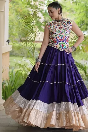 women navratri rayon lehenga choli  with lampi lace & kutchi work blouse-  full stitched free size
