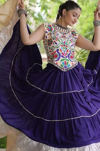 women navratri rayon lehenga choli  with lampi lace & kutchi work blouse-  full stitched free size