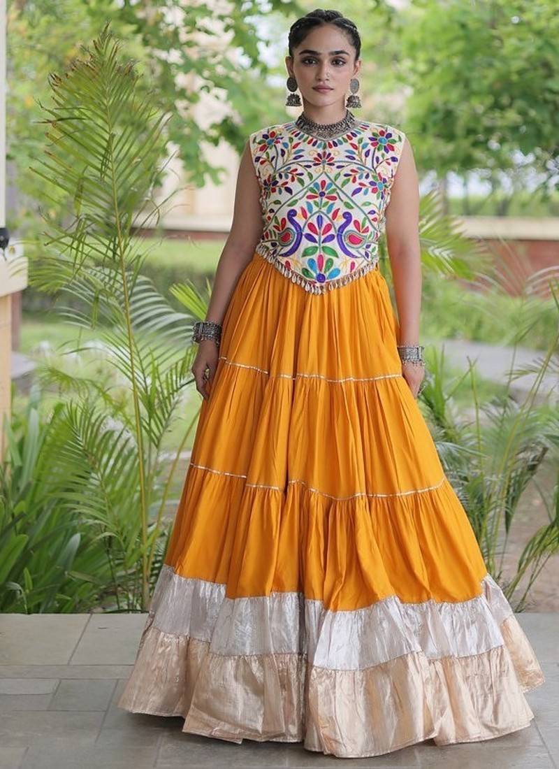 women navratri rayon lehenga choli  with lampi lace & kutchi work blouse-  full stitched free size