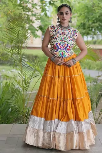 women navratri rayon lehenga choli  with lampi lace & kutchi work blouse-  full stitched free size