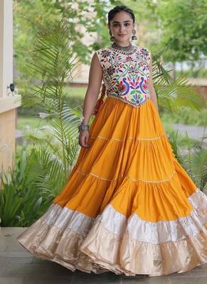 women navratri rayon lehenga choli  with lampi lace & kutchi work blouse-  full stitched free size 3