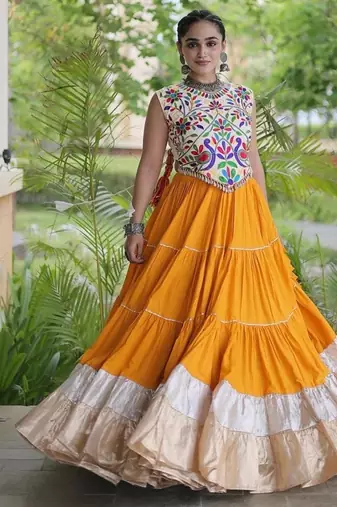 women navratri rayon lehenga choli  with lampi lace & kutchi work blouse-  full stitched free size