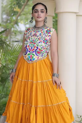 women navratri rayon lehenga choli  with lampi lace & kutchi work blouse-  full stitched free size