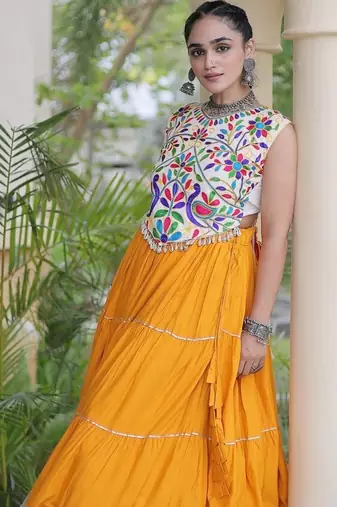 women navratri rayon lehenga choli  with lampi lace & kutchi work blouse-  full stitched free size