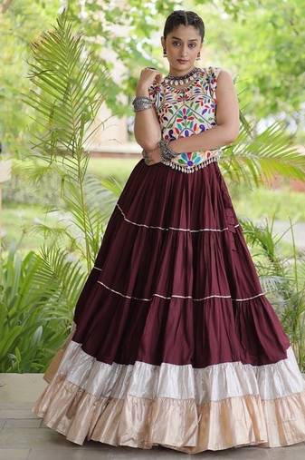 women navratri rayon lehenga choli  with lampi lace & kutchi work blouse-  full stitched free size