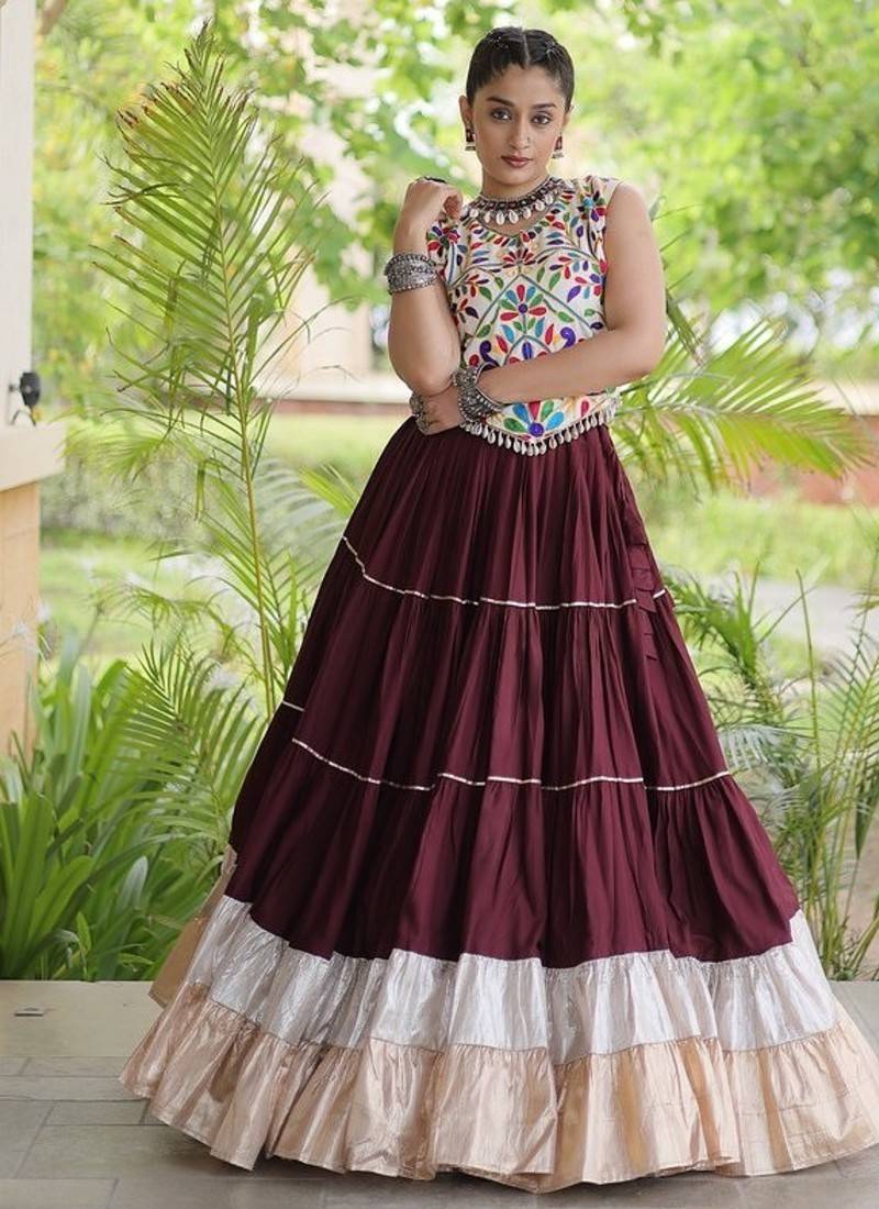 women navratri rayon lehenga choli  with lampi lace & kutchi work blouse-  full stitched free size