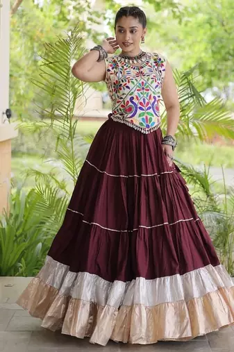 women navratri rayon lehenga choli  with lampi lace & kutchi work blouse-  full stitched free size