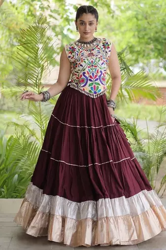 women navratri rayon lehenga choli  with lampi lace & kutchi work blouse-  full stitched free size