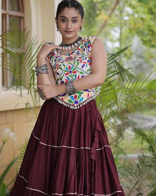 women navratri rayon lehenga choli  with lampi lace & kutchi work blouse-  full stitched free size 4