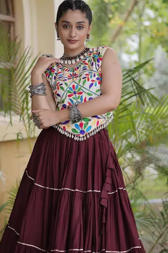 women navratri rayon lehenga choli  with lampi lace & kutchi work blouse-  full stitched free size