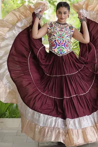 women navratri rayon lehenga choli  with lampi lace & kutchi work blouse-  full stitched free size