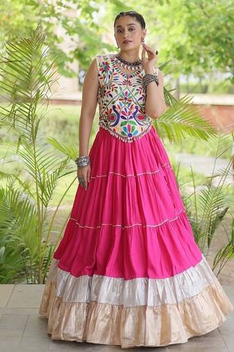 women navratri rayon lehenga choli  with lampi lace & kutchi work blouse-  full stitched free size