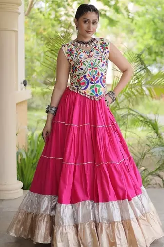 women navratri rayon lehenga choli  with lampi lace & kutchi work blouse-  full stitched free size