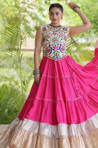 women navratri rayon lehenga choli  with lampi lace & kutchi work blouse-  full stitched free size