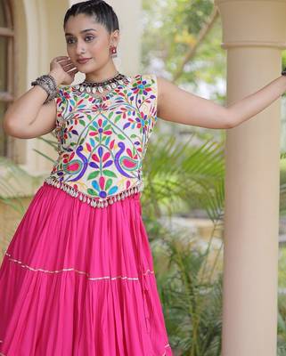 women navratri rayon lehenga choli  with lampi lace & kutchi work blouse-  full stitched free size 4