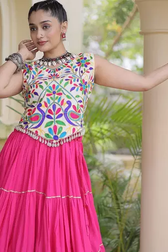 women navratri rayon lehenga choli  with lampi lace & kutchi work blouse-  full stitched free size