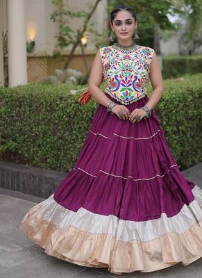 women navratri rayon lehenga choli  with lampi lace & kutchi work blouse-  full stitched free size 2
