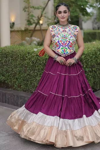 women navratri rayon lehenga choli  with lampi lace & kutchi work blouse-  full stitched free size