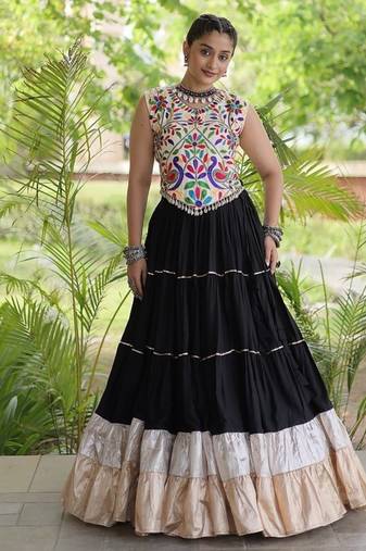 women navratri rayon lehenga choli  with lampi lace & kutchi work blouse-  full stitched free size