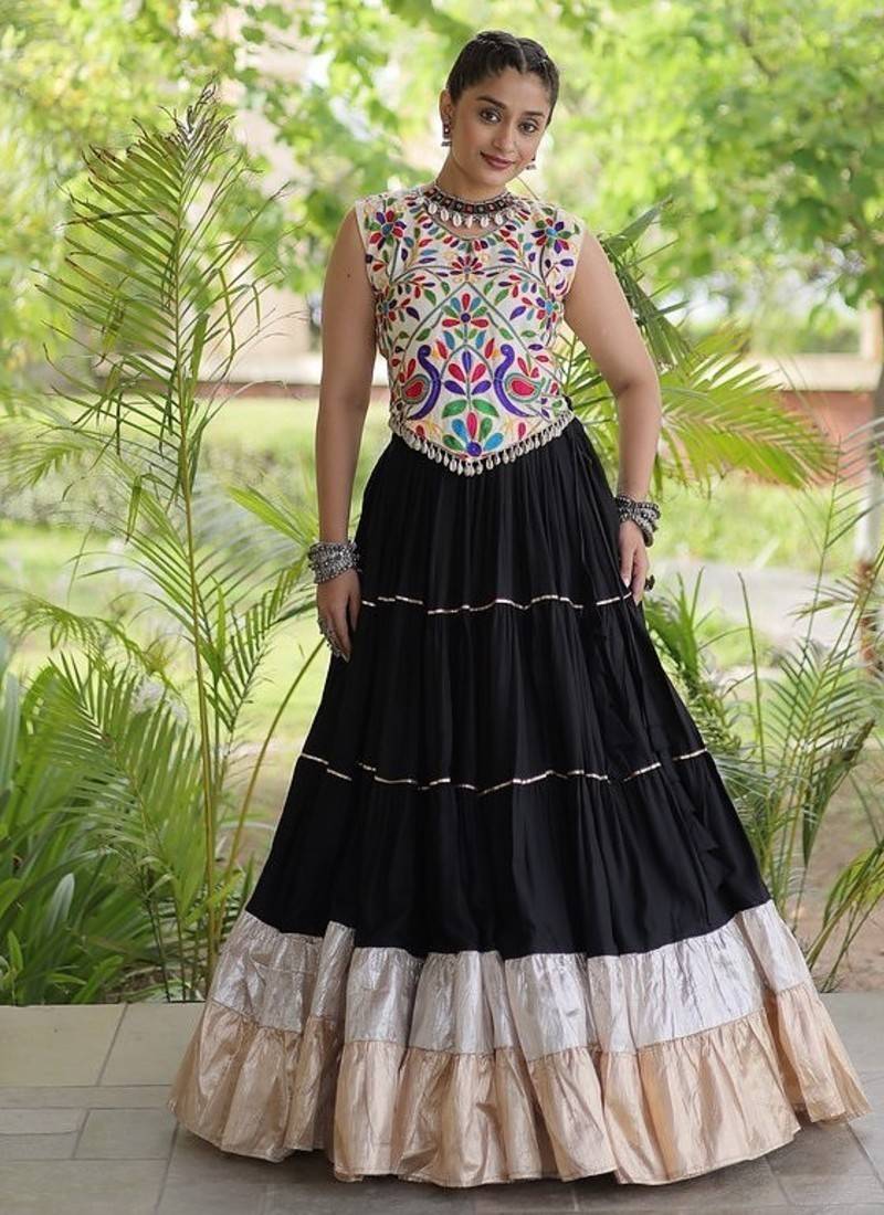 women navratri rayon lehenga choli  with lampi lace & kutchi work blouse-  full stitched free size