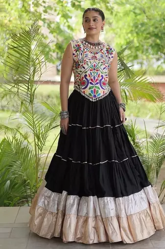 women navratri rayon lehenga choli  with lampi lace & kutchi work blouse-  full stitched free size