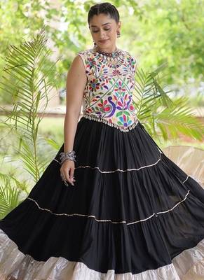 women navratri rayon lehenga choli  with lampi lace & kutchi work blouse-  full stitched free size 4