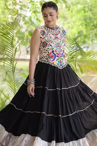 women navratri rayon lehenga choli  with lampi lace & kutchi work blouse-  full stitched free size