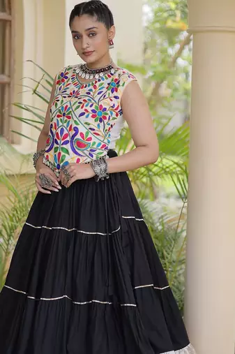 women navratri rayon lehenga choli  with lampi lace & kutchi work blouse-  full stitched free size