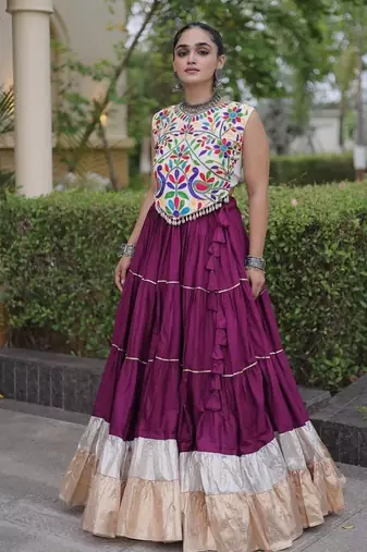 women navratri rayon lehenga choli  with lampi lace & kutchi work blouse-  full stitched free size