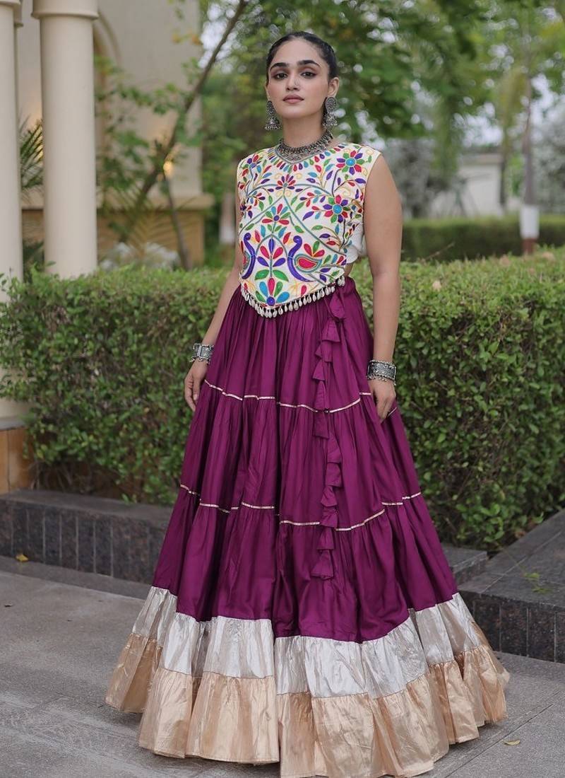 women navratri rayon lehenga choli  with lampi lace & kutchi work blouse-  full stitched free size