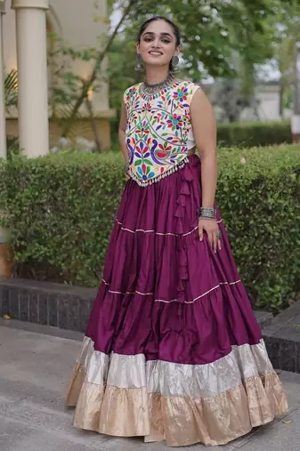 women navratri rayon lehenga choli  with lampi lace & kutchi work blouse-  full stitched free size