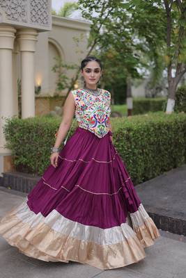 women navratri rayon lehenga choli  with lampi lace & kutchi work blouse-  full stitched free size 4