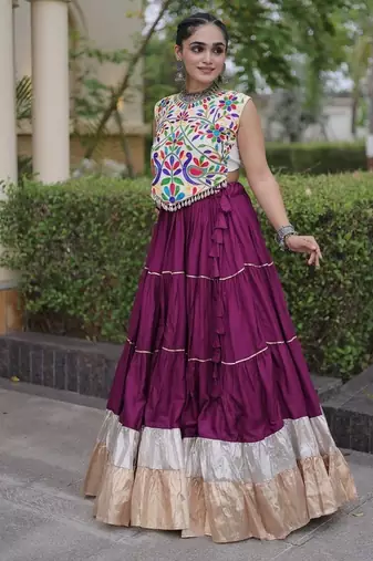 women navratri rayon lehenga choli  with lampi lace & kutchi work blouse-  full stitched free size