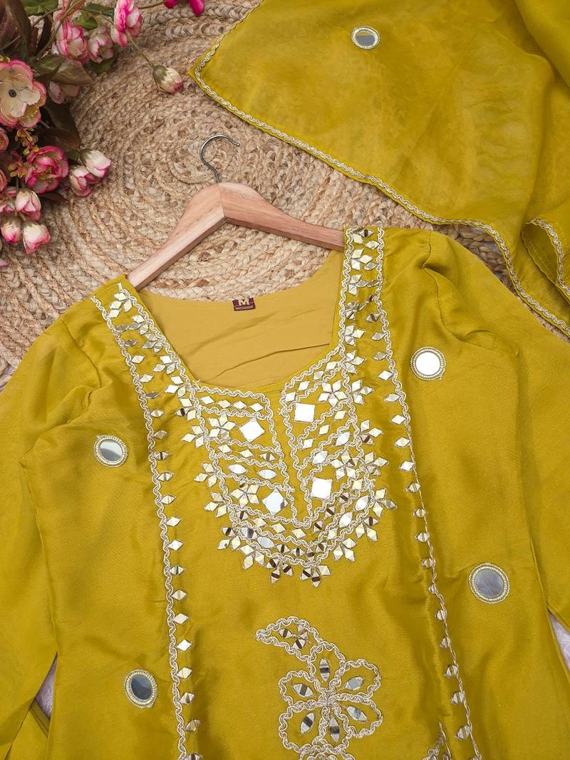 Yellow silk blend with hand work with real mirror kurta palazzo with dupatta