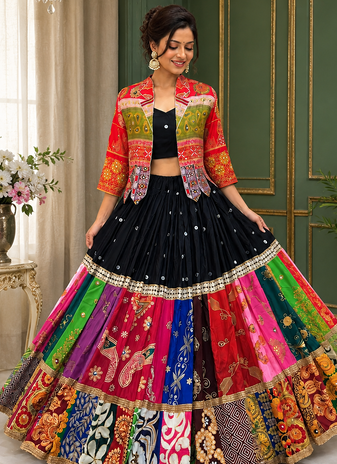 Black Color Beautiful Digital Print & Real Mirror Work With Fancy Lace Pati Cotton Lahenga Choli Set 
