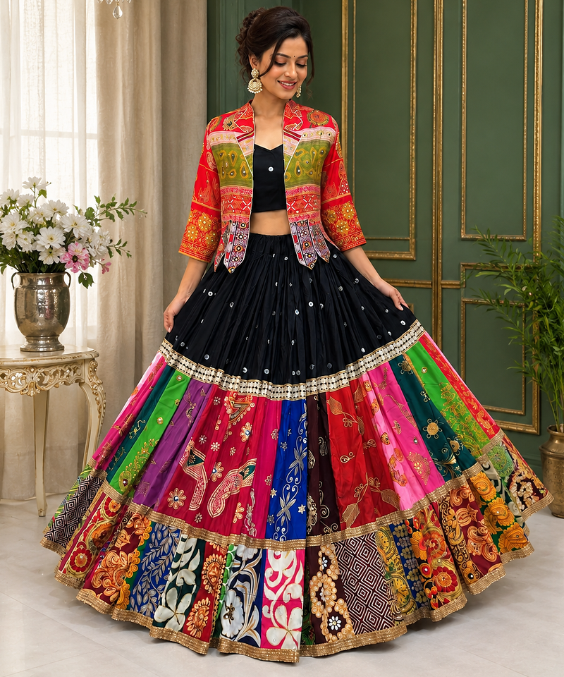 Black Color Beautiful Digital Print & Real Mirror Work With Fancy Lace Pati Cotton Lahenga Choli Set 