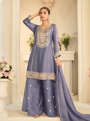 Lavender silk blend with hand work with real mirror kurta palazzo with dupatta 1