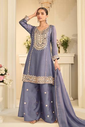 Lavender silk blend with hand work with real mirror kurta palazzo with dupatta