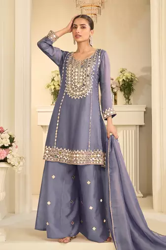 Lavender silk blend with hand work with real mirror kurta palazzo with dupatta