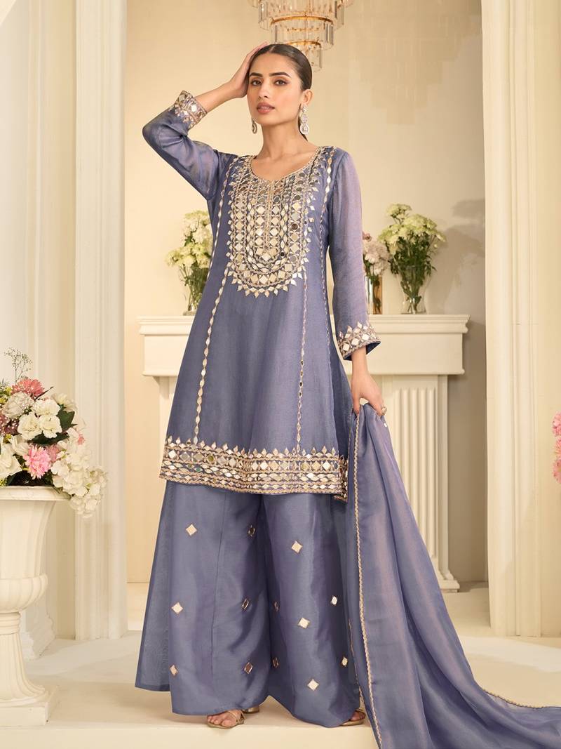Lavender silk blend with hand work with real mirror kurta palazzo with dupatta