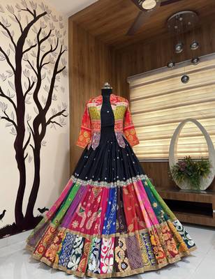 Black Color Beautiful Digital Print & Real Mirror Work With Fancy Lace Pati Cotton Lahenga Choli Set  4