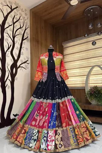 Black Beautiful Digital Print & Mirror Work With Fancy Lace Pati Cotton Lahenga Choli Set 