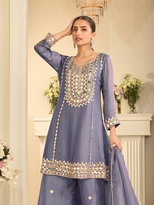 Lavender silk blend with hand work with real mirror kurta palazzo with dupatta 3