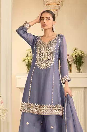 Lavender silk blend with hand work with real mirror kurta palazzo with dupatta